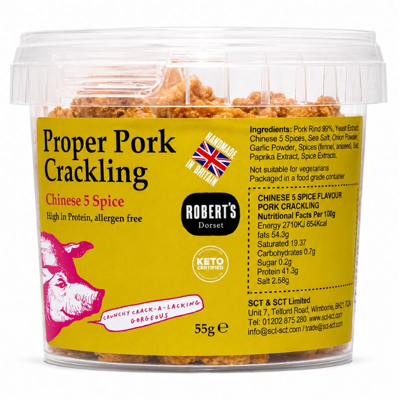 Chinese Five Spice Proper Pork Crackling 55g by Robert's Dorset.