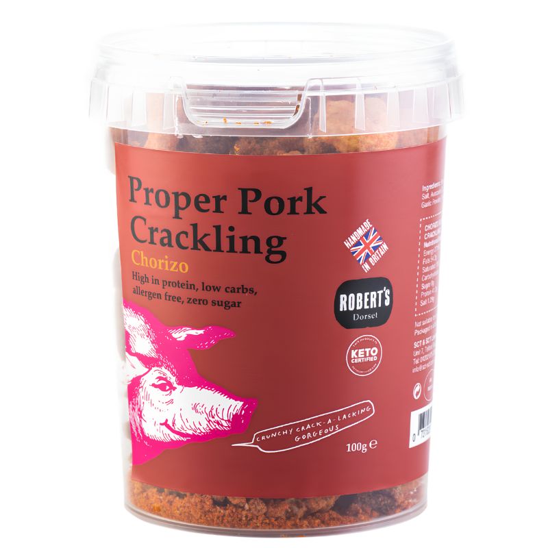 Chorizo Proper Pork Crackling 100g by Robert's Dorset.