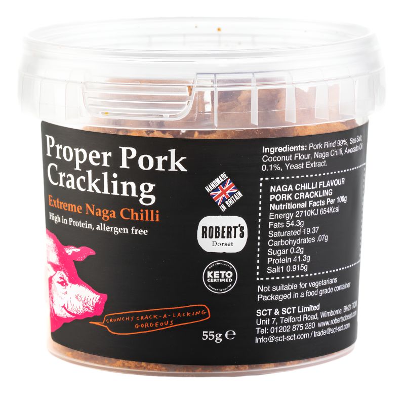 Extreme Naga Chilli Proper Pork Crackling 55g by Robert's Dorset.