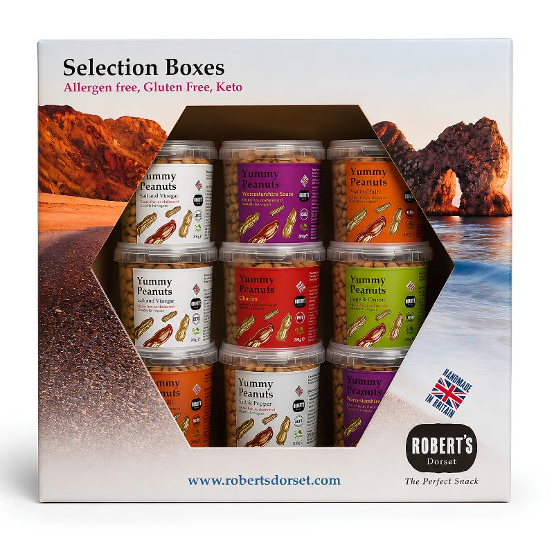 Gourmet Peanut Gift Box containing 9 pots of premium flavoured peanuts by Robert's Dorset
