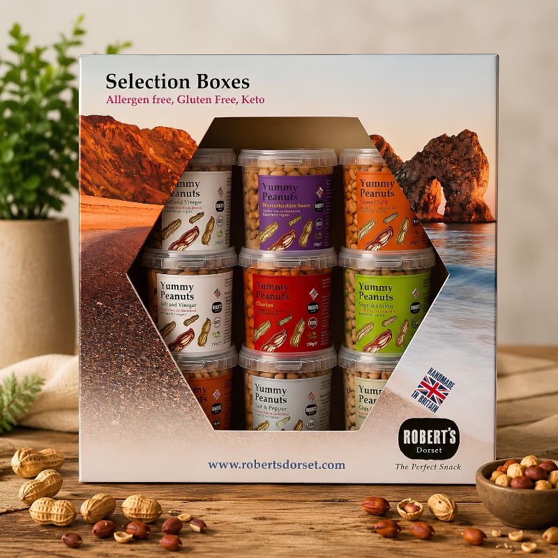Gourmet Peanut Gift Box containing 9 pots of premium flavoured peanuts by Robert's Dorset