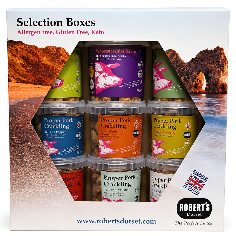 Premium Pork Crackling Gift Box featuring 9 flavoured Proper Pork Crackling pots by Robert's Dorset.