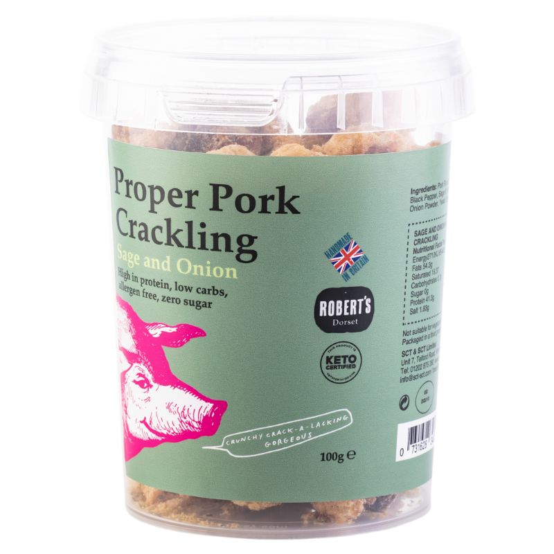 Sage & Onion Proper Pork Crackling 100g by Robert's Dorset.