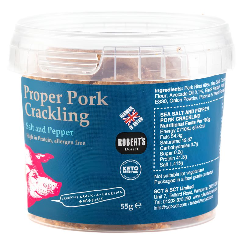 Salt & Pepper Proper Pork Crackling 55g by Robert's Dorset.