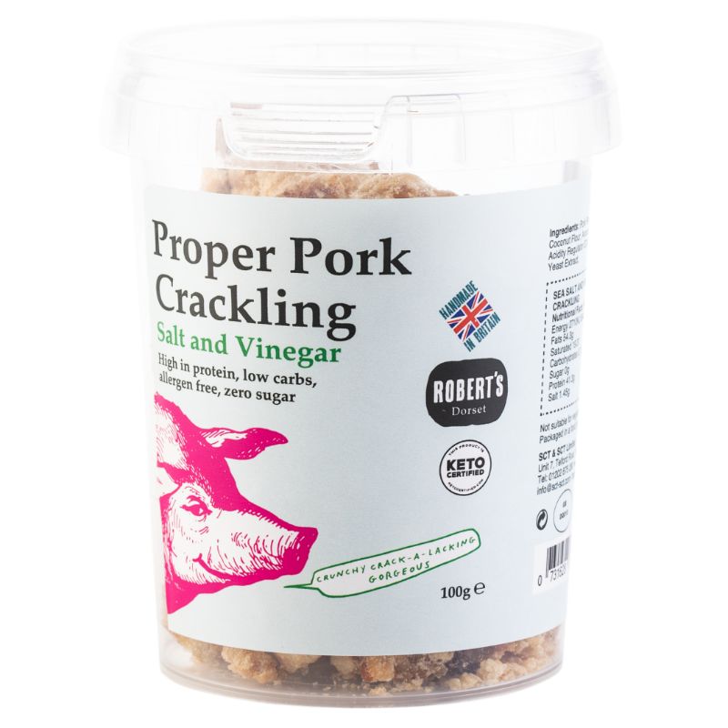 Salt & Vinegar Proper Pork Crackling 100g by Robert's Dorset.