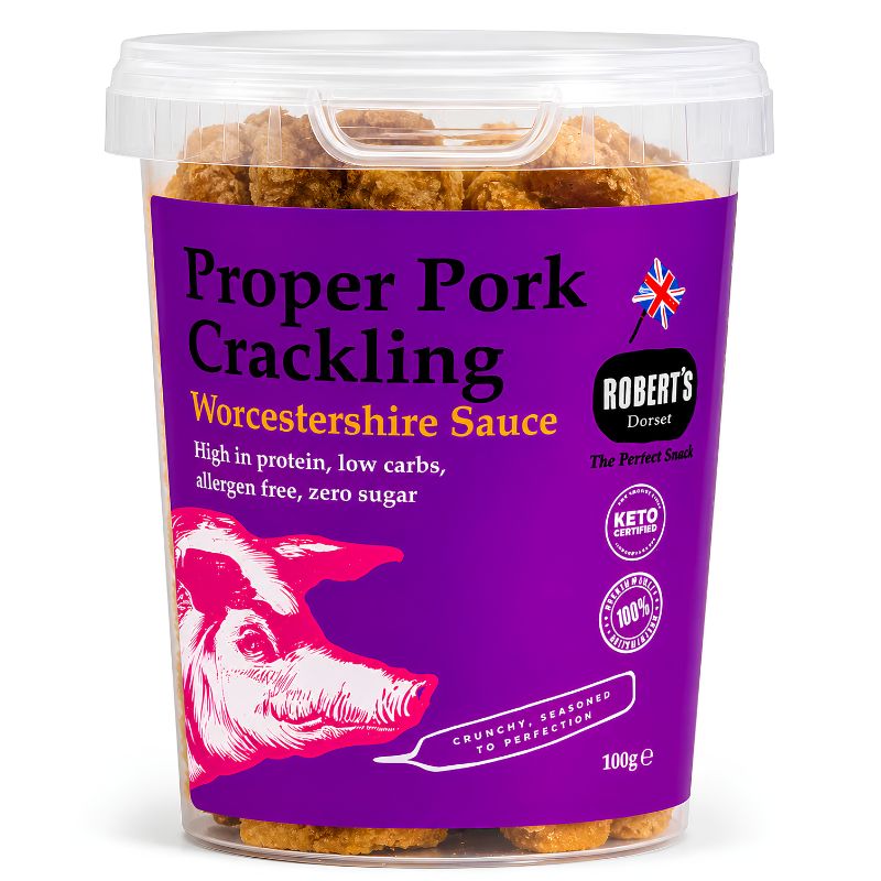 Worcestershire Sauce Proper Pork Crackling 100g by Robert's Dorset.